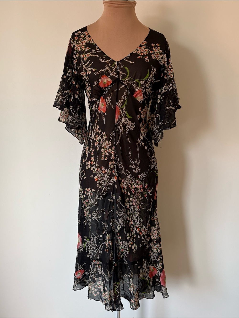 Anthropologie Girls From Savoy Flori Black Floral Fairy Whimsy Silk Midi Dress 4